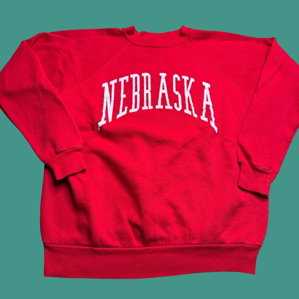 Vintage Nebraska Sweatshirt Mens Large Red White Raglan College USA Crafted